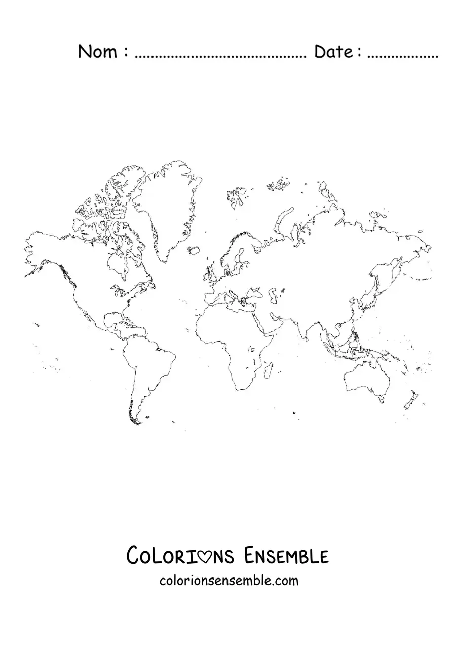 Image à colorier d'une carte du monde en projection de Mercator