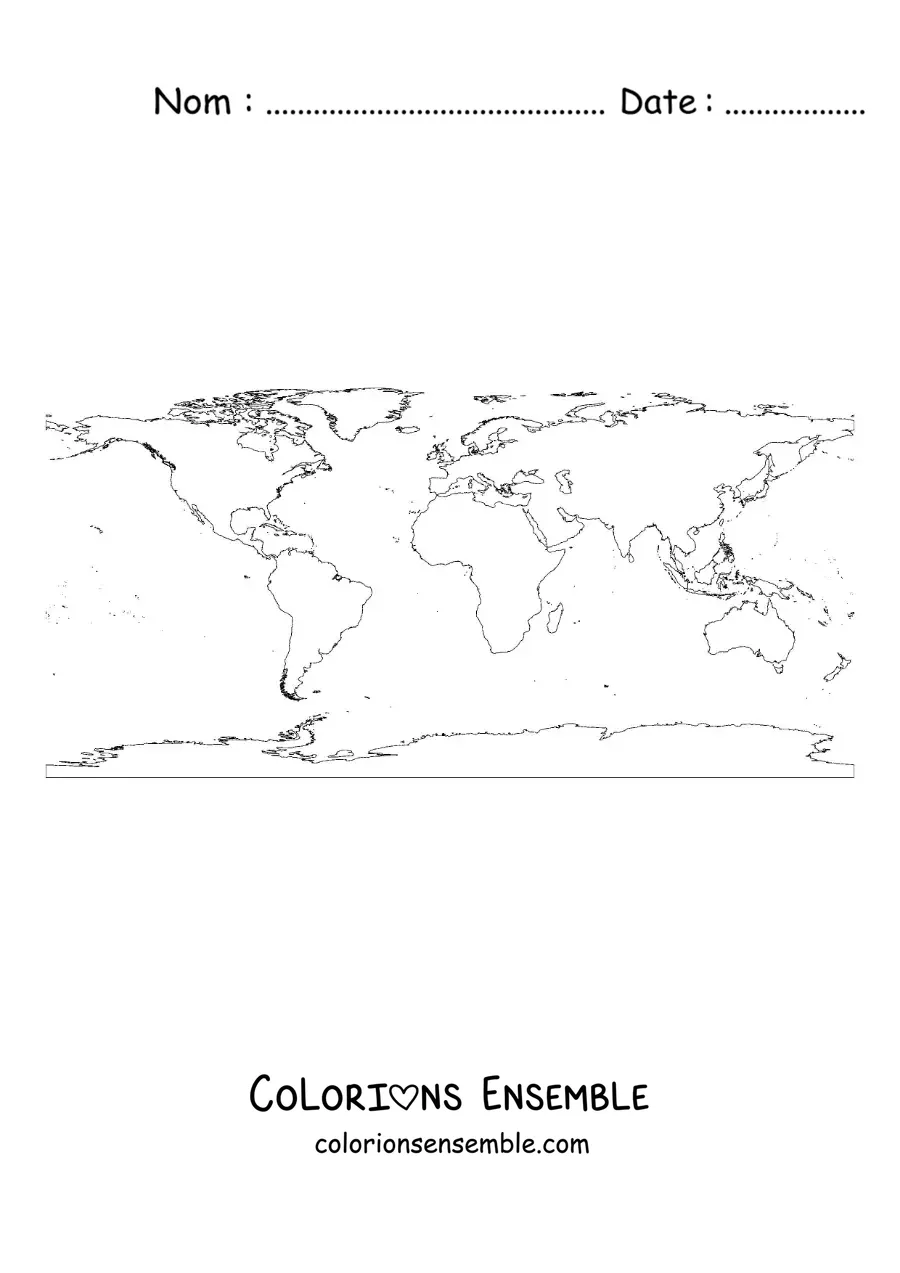 Image à colorier d'une carte du monde en projection équirectangulaire