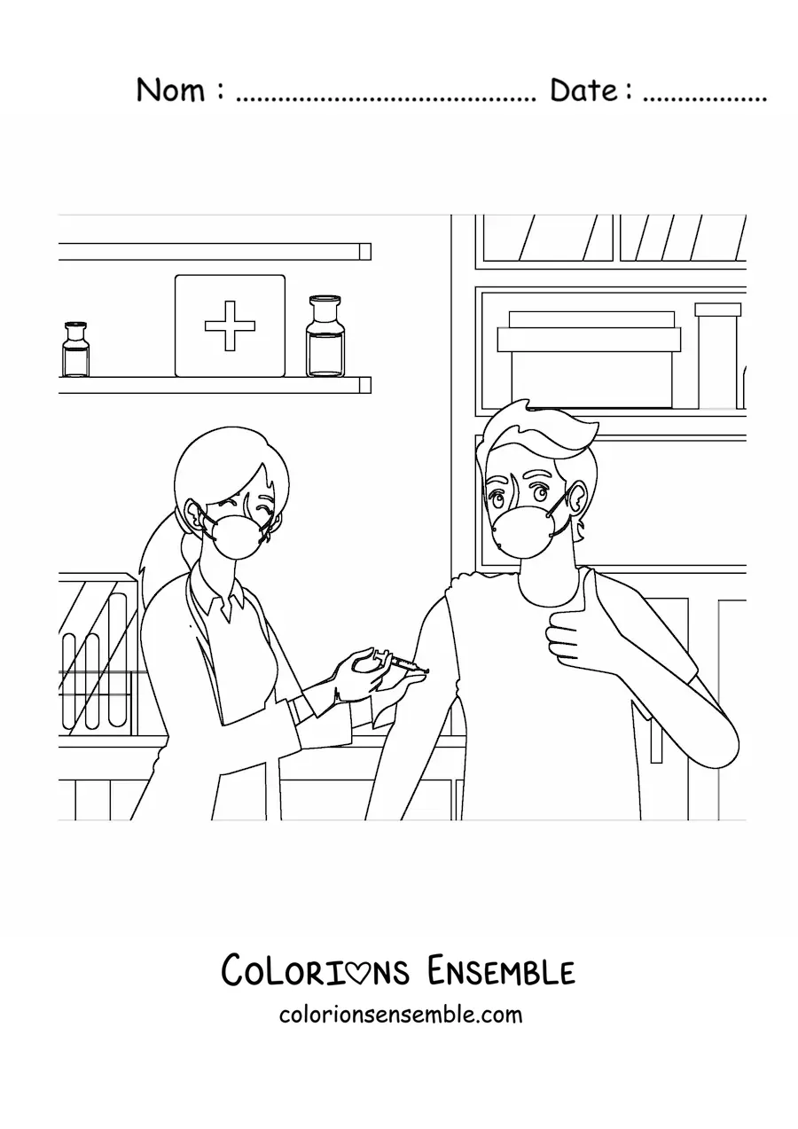 Image à colorier d’une médecin vaccinant un patient dans un cabinet