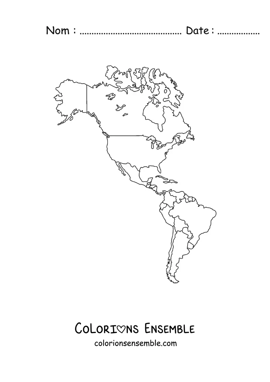 Image à colorier d'une carte du continent américain sans les noms