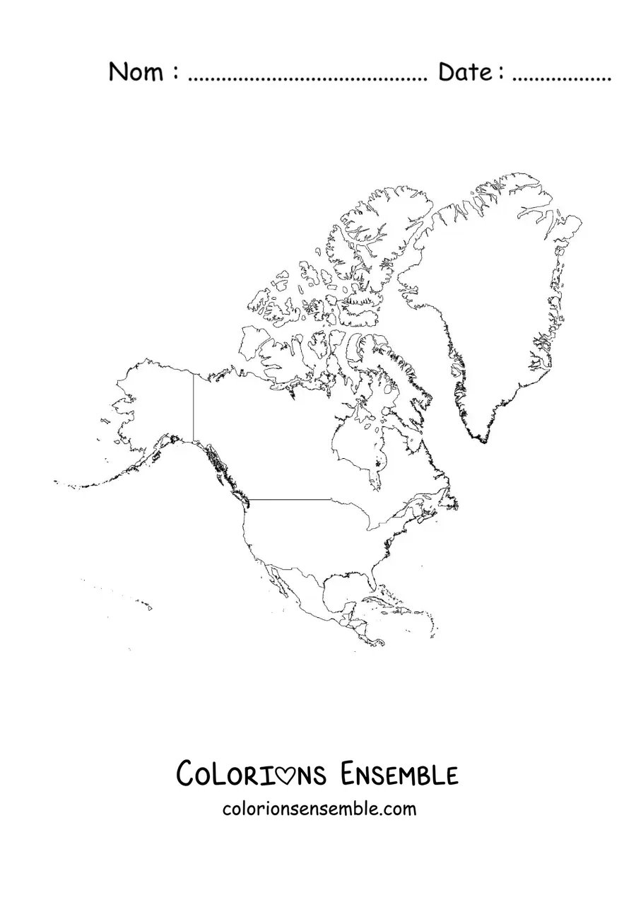 Image à colorier d'une carte de l'Amérique du Nord sans les noms