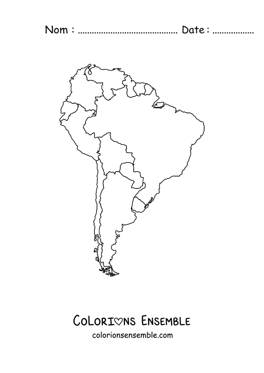 Image à colorier d'une carte de l'Amérique du Sud sans les noms