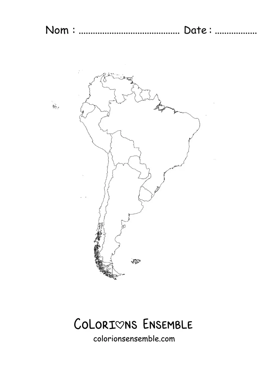 Image à colorier d'une carte de l'Amérique du Sud