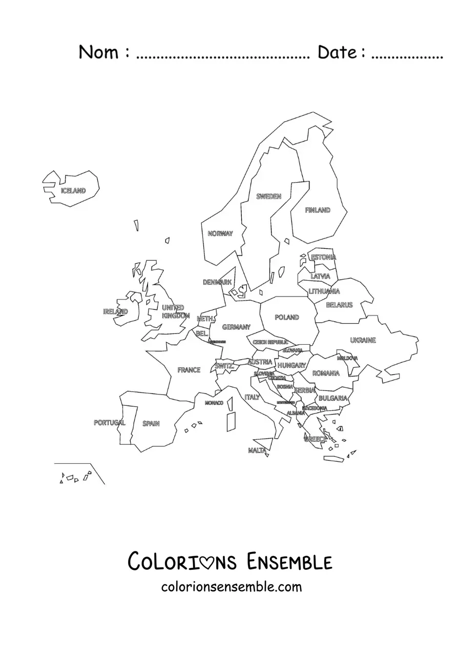 Image à colorier d'une carte du continent européen avec les noms