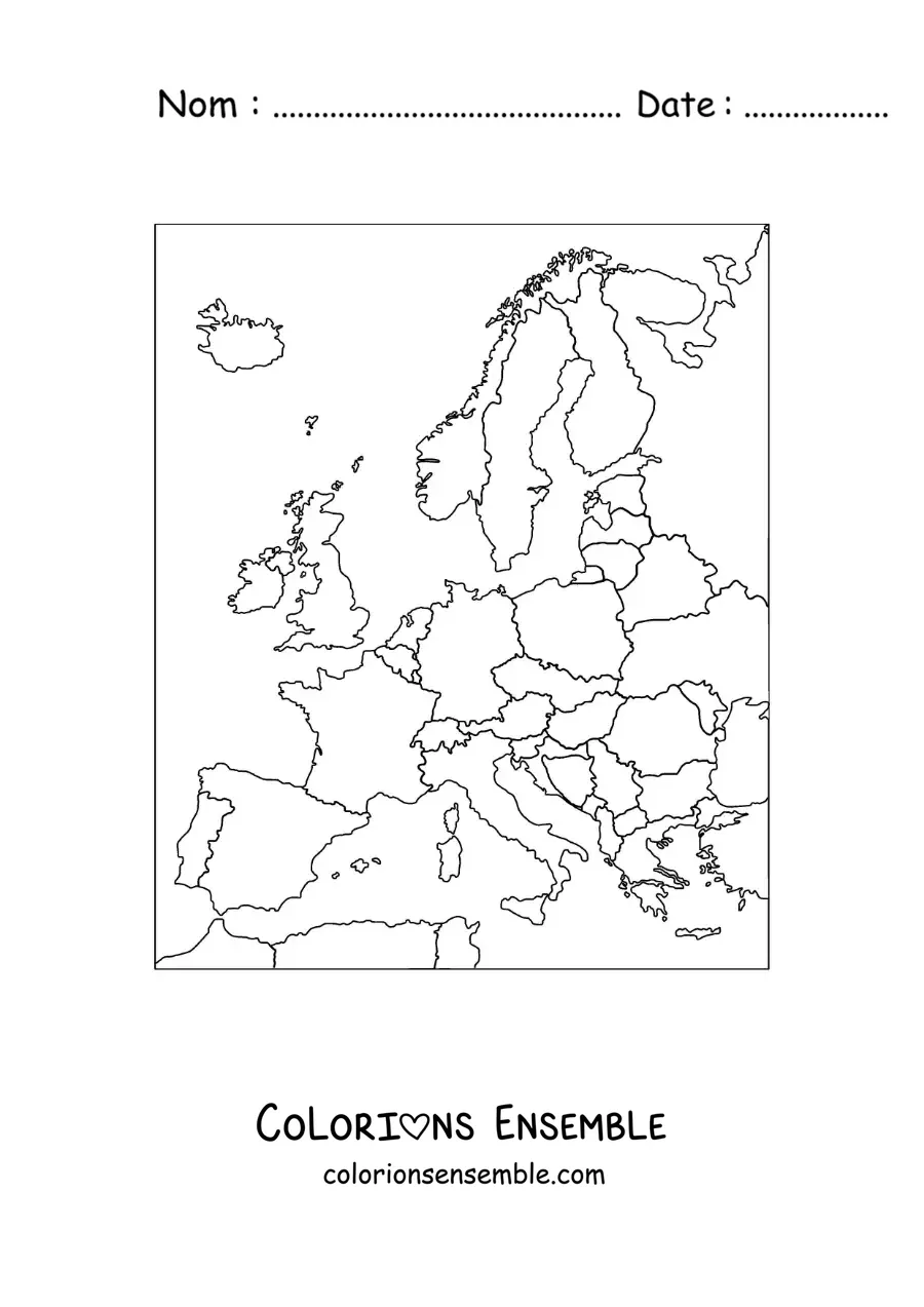 Image à colorier d'une carte politique du continent européen