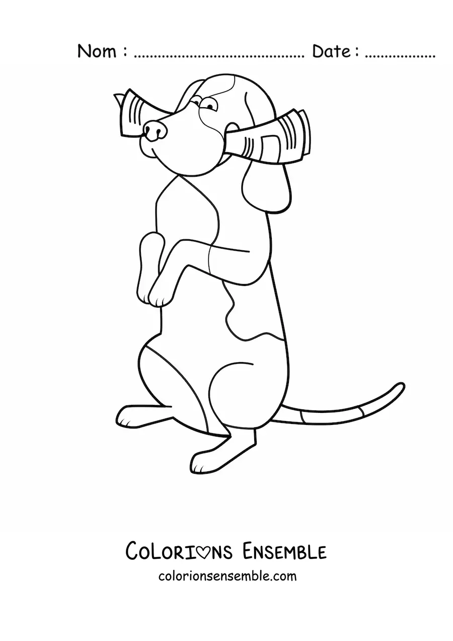 Image à colorier d’un basset hound sur deux pattes mordillant un journal