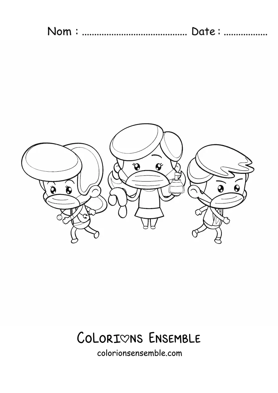 Image à colorier de trois médecins kawaii avec un masque luttant contre le coronavirus