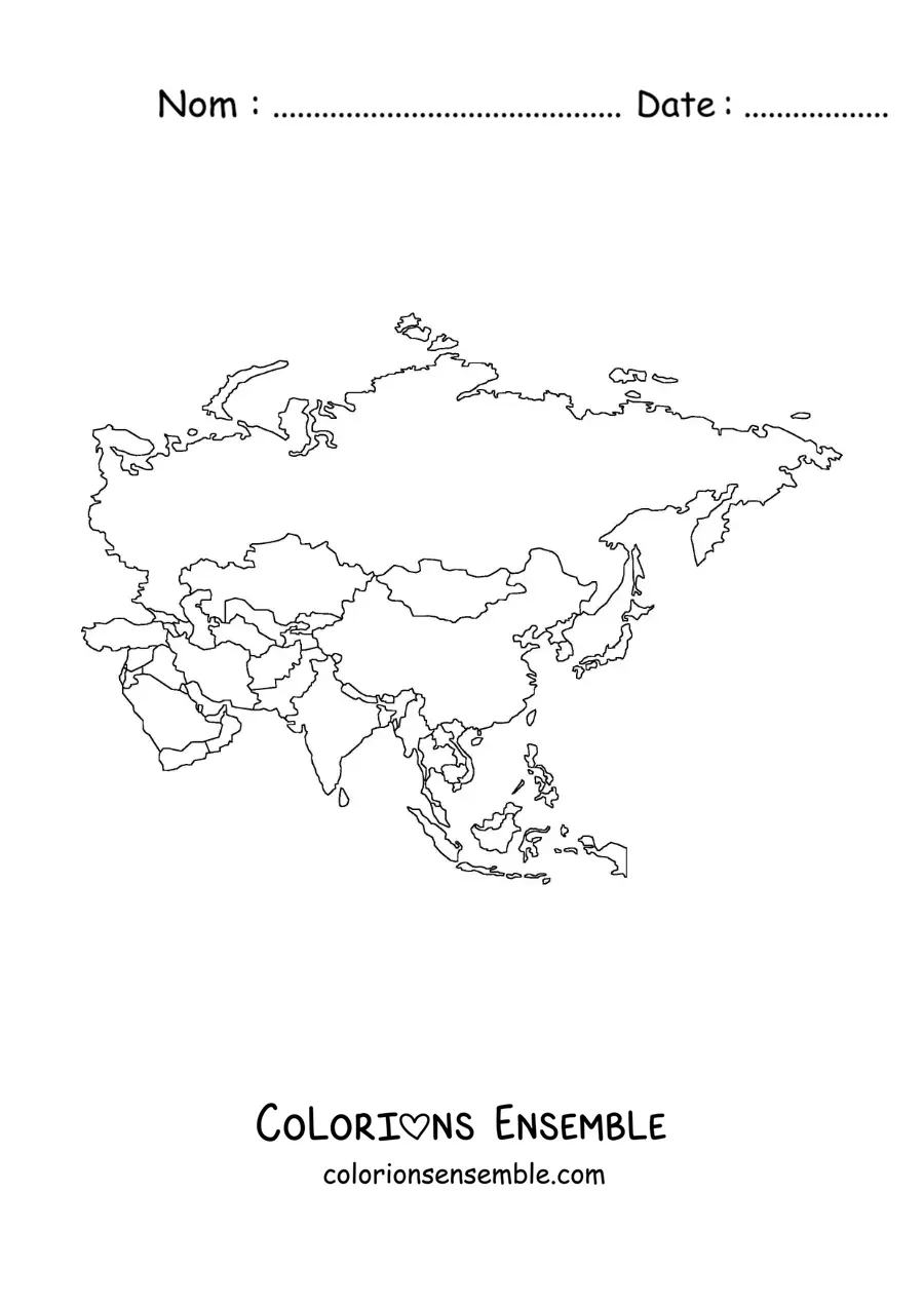 Image à colorier d'une carte du continent asiatique sans les noms