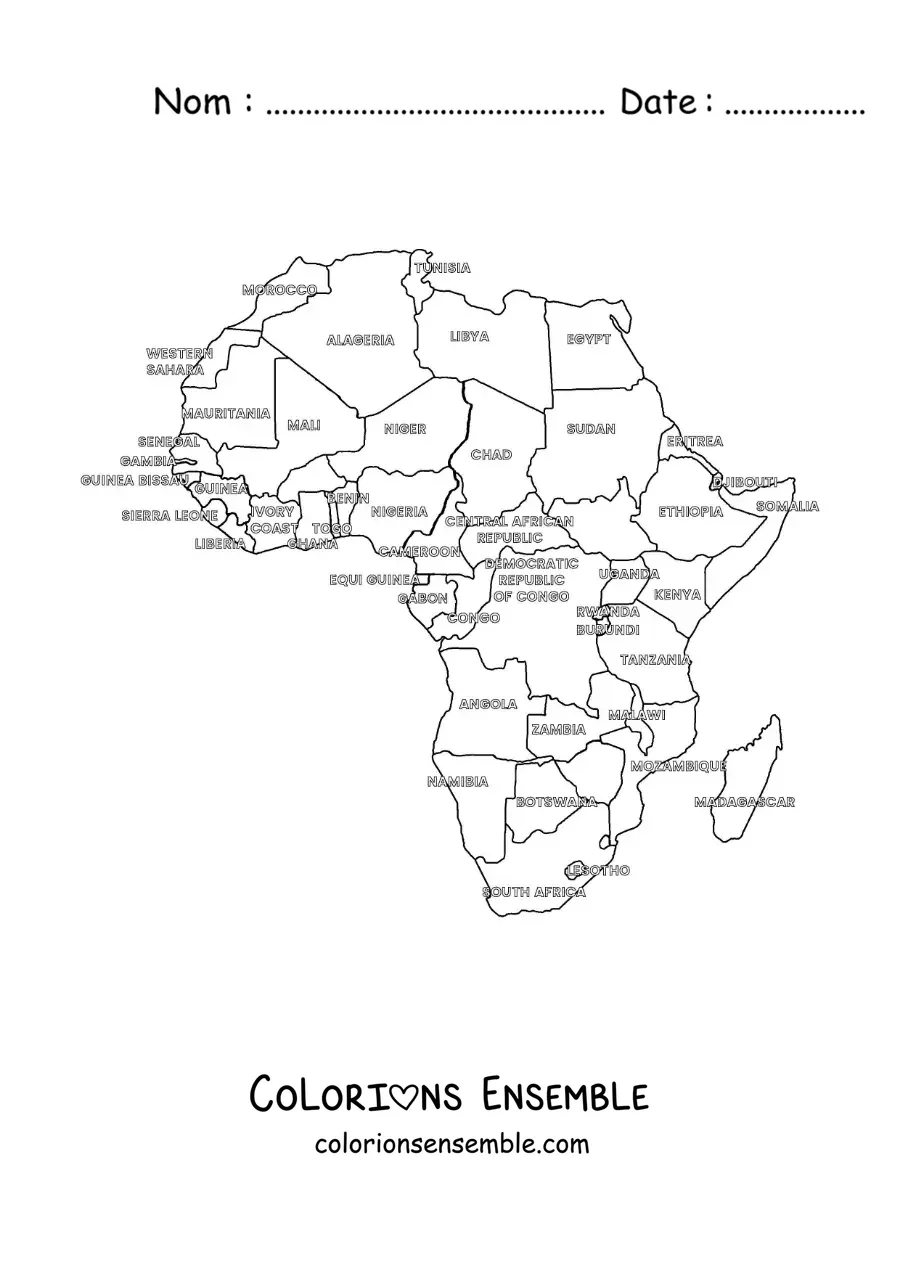 Image à colorier d'une carte politique de l'Afrique avec les noms