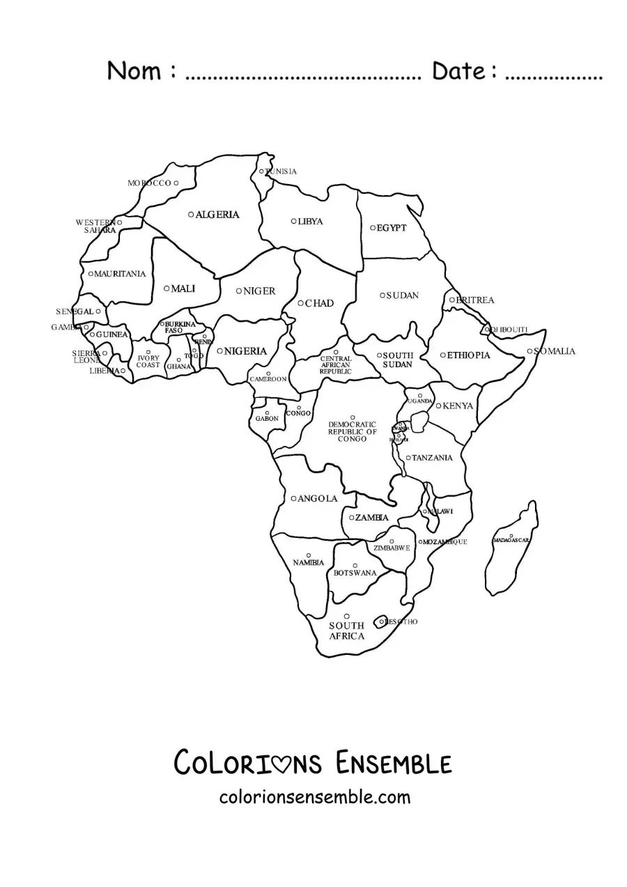 Image à colorier d'une carte du continent africain avec les noms