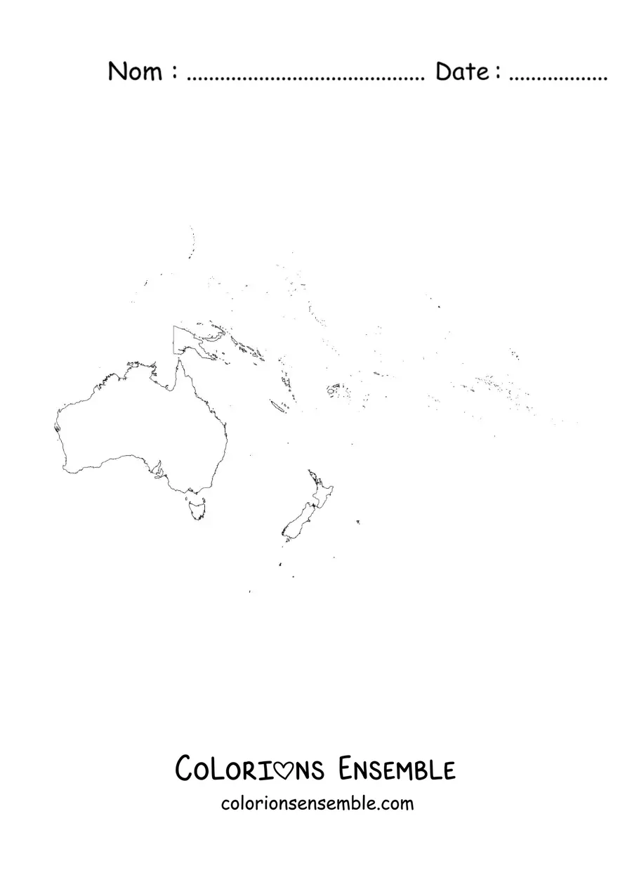Image à colorier d'une carte du continent de l'Océanie