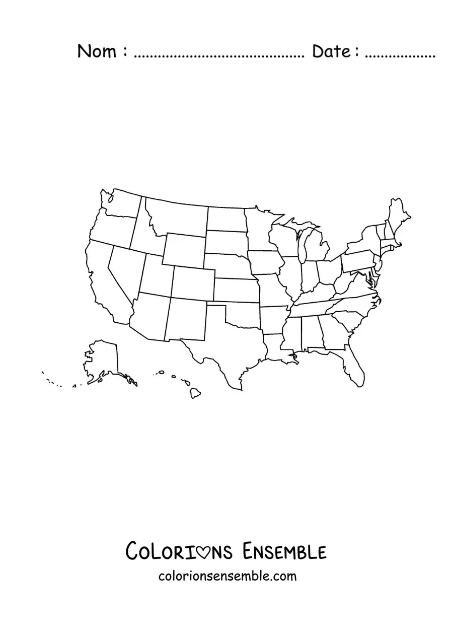 Image à colorier d'une carte politique des États-Unis