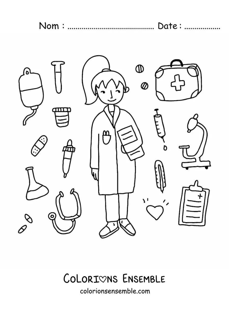 Image à colorier d’une médecin entourée d’instruments médicaux