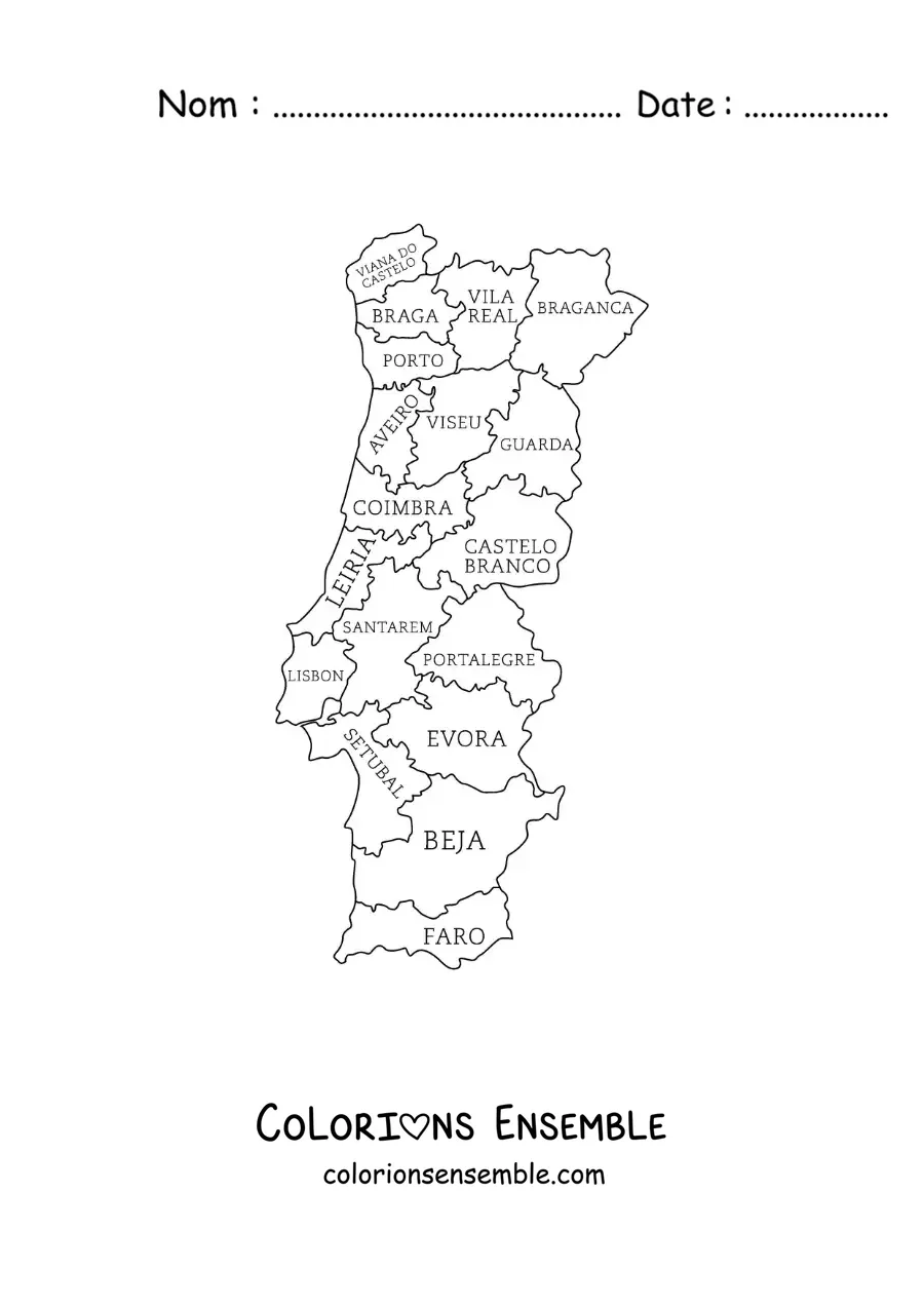 Image à colorier d'une carte politique du Portugal avec les noms