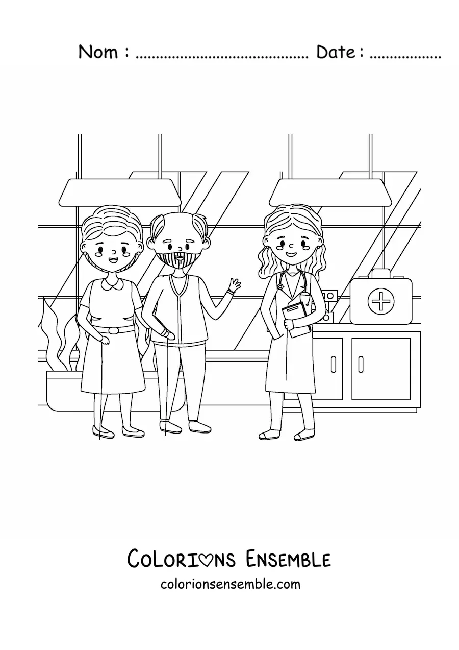 Image à colorier d’une médecin et de deux patients âgés dans un cabinet médical