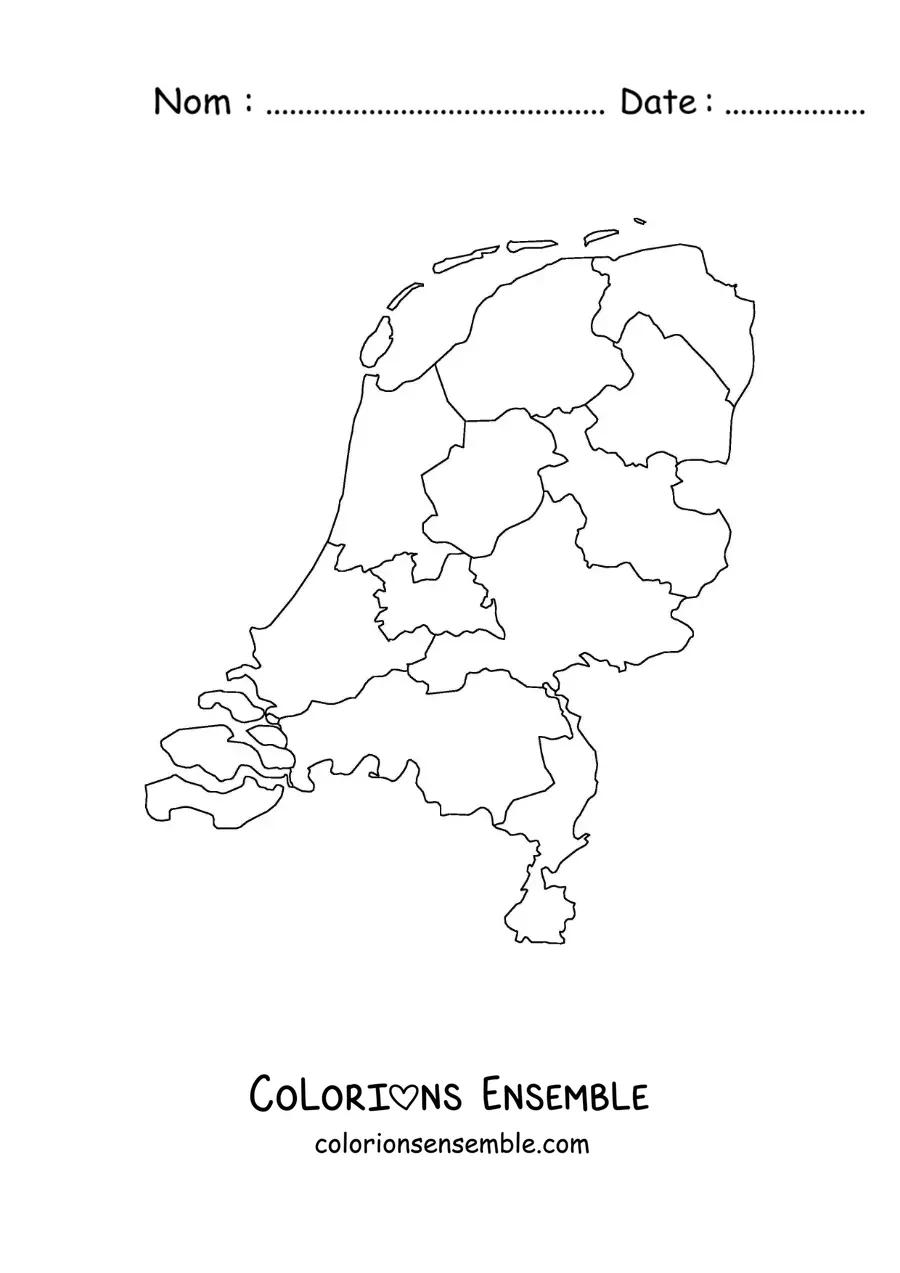 Image à colorier d'une carte politique des Pays-Bas