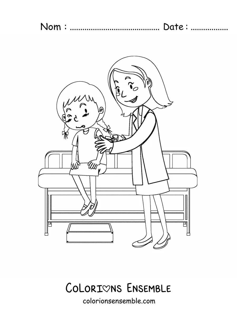 Image à colorier d’une pédiatre faisant une piqûre à une fille