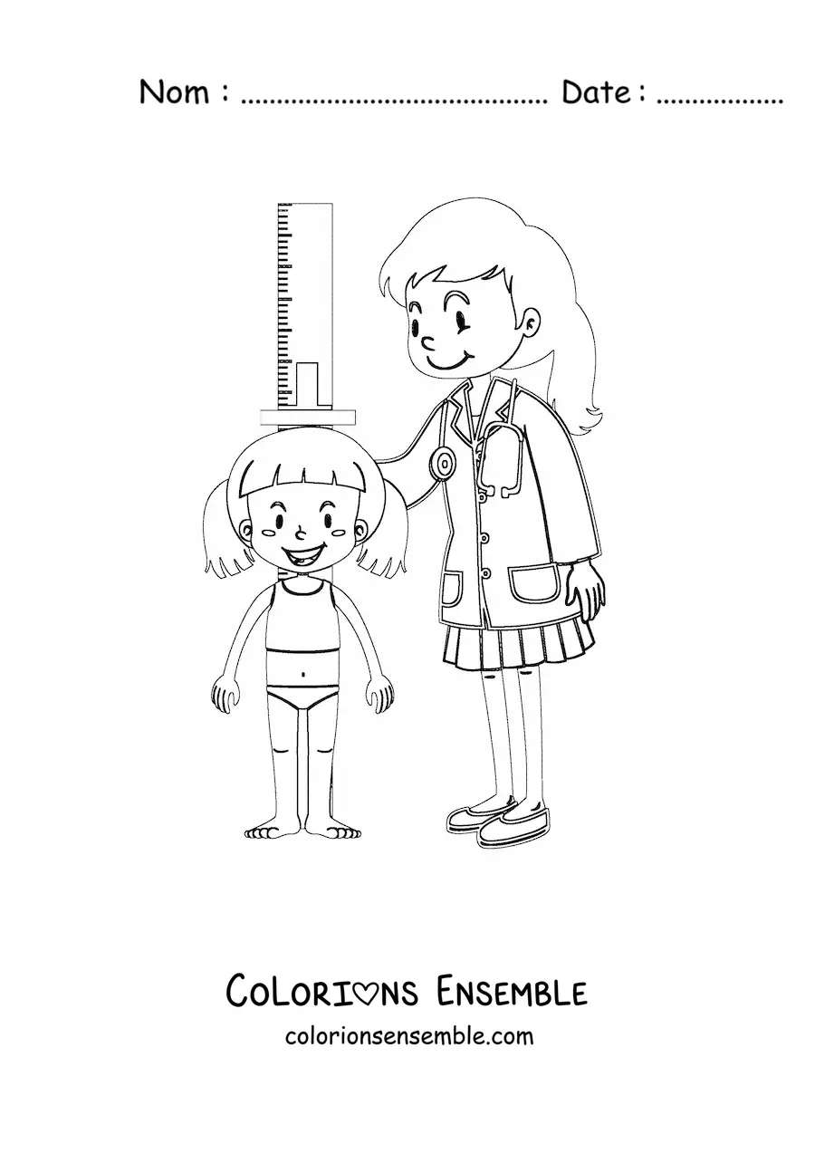 Image à colorier d’une pédiatre mesurant la taille d’une fille
