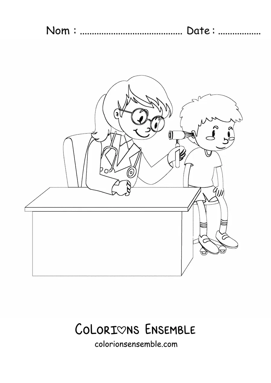 Image à colorier d’une pédiatre examinant l’oreille d’un garçon dans le cabinet
