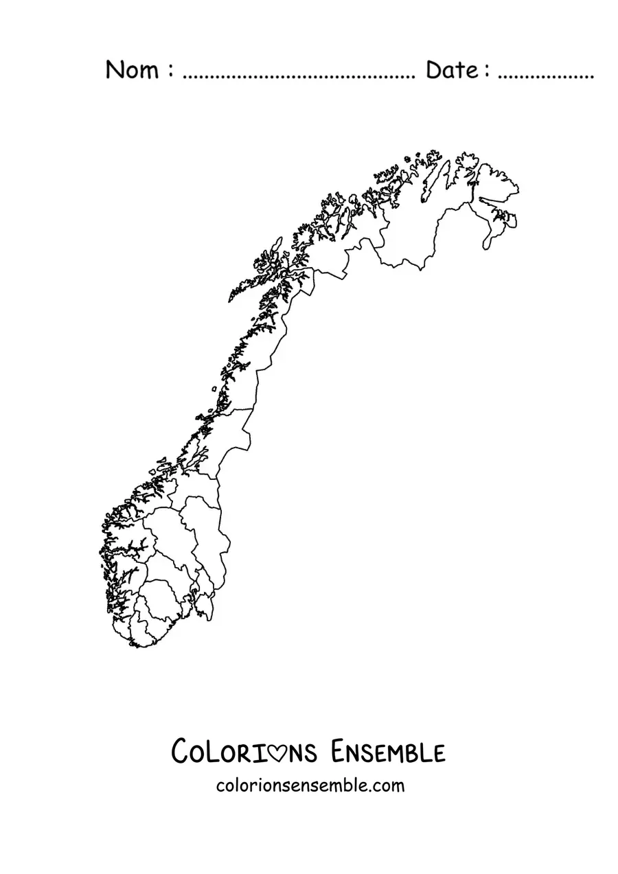 Image à colorier d'une carte politique de la Norvège