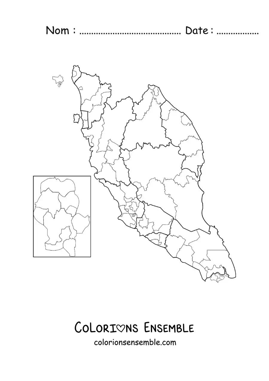 Image à colorier d'une carte politique de la Malaisie