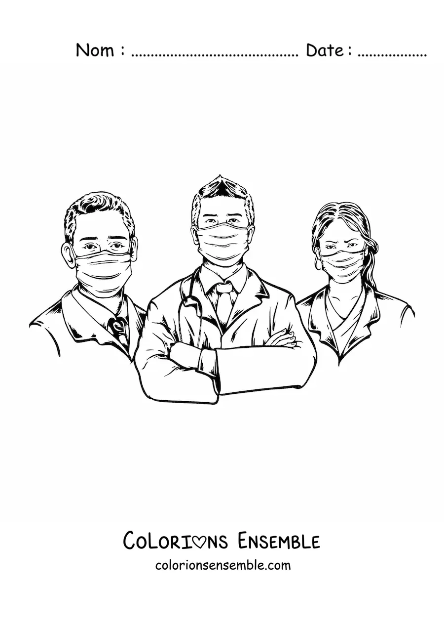 Image à colorier de trois médecins portant un masque