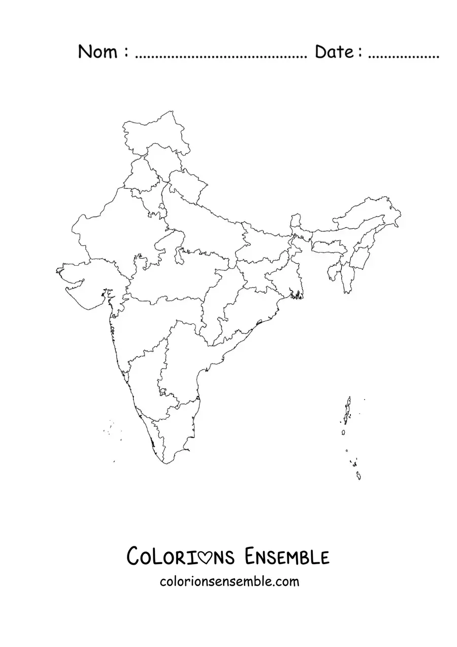 Image à colorier d'une carte politique de l'Inde