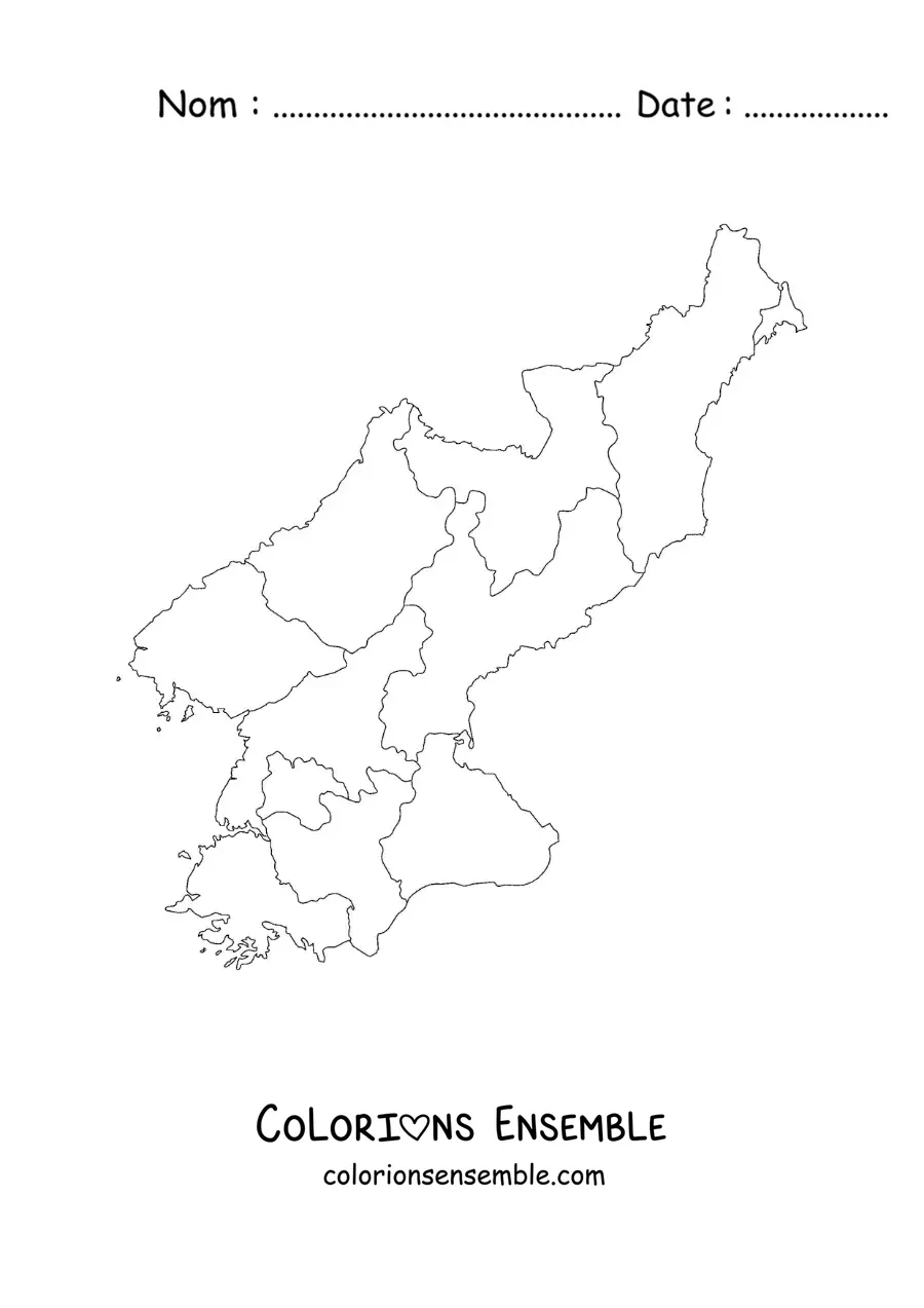 Image à colorier d'une carte politique de la Corée du Nord