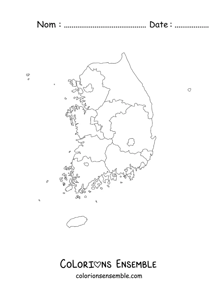 Image à colorier d'une carte politique de la Corée du Sud