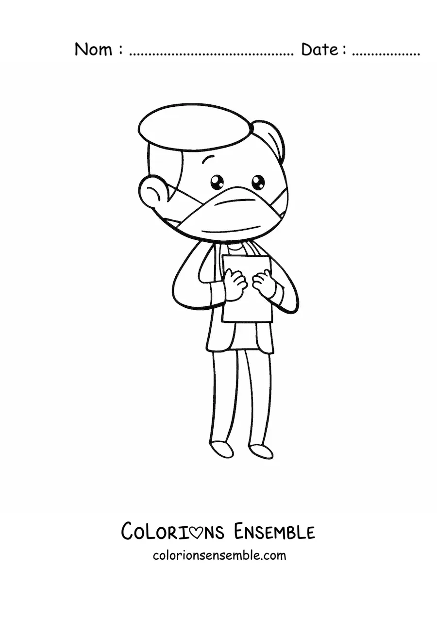 Image à colorier d’un médecin kawaii avec un masque