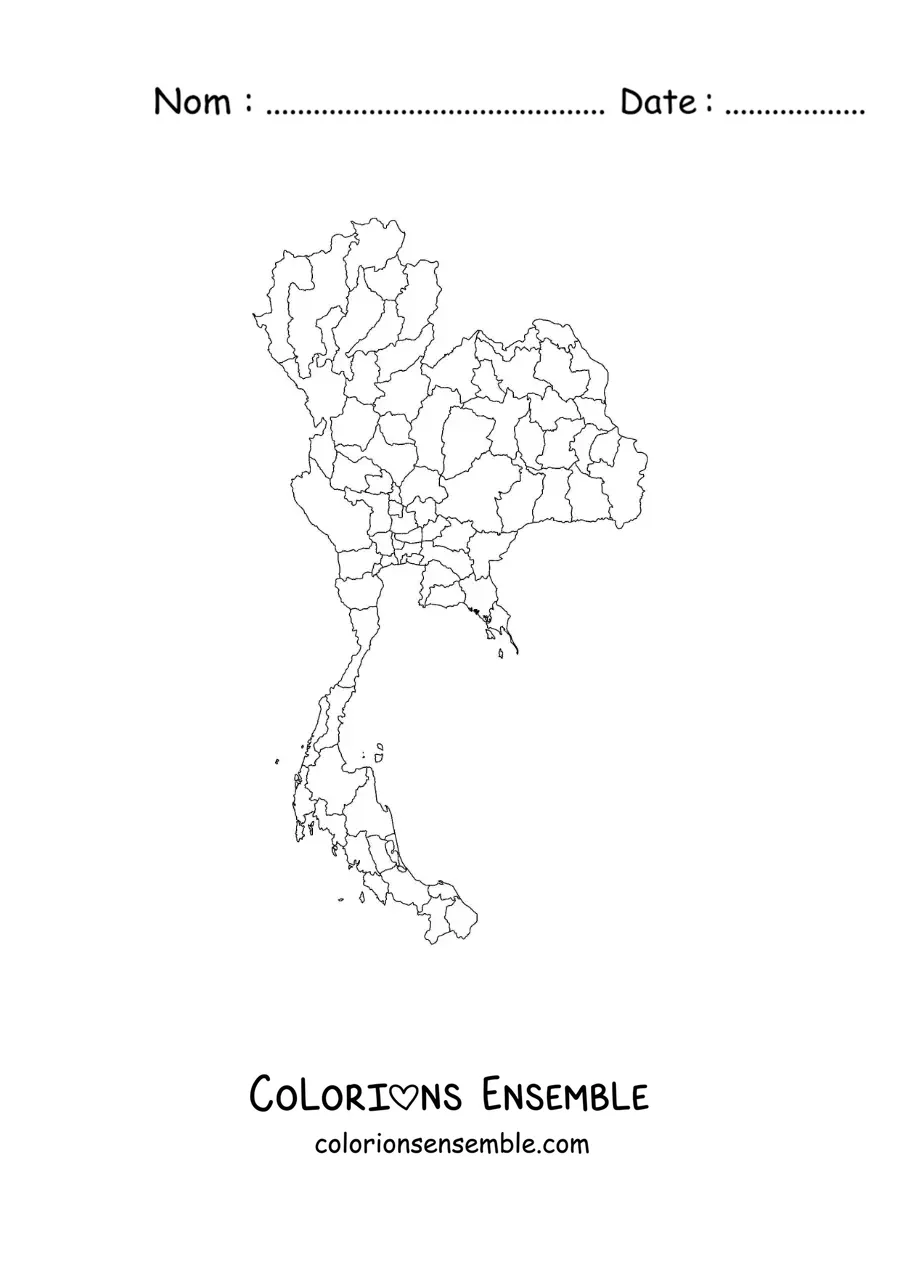 Image à colorier d'une carte politique de la Thaïlande