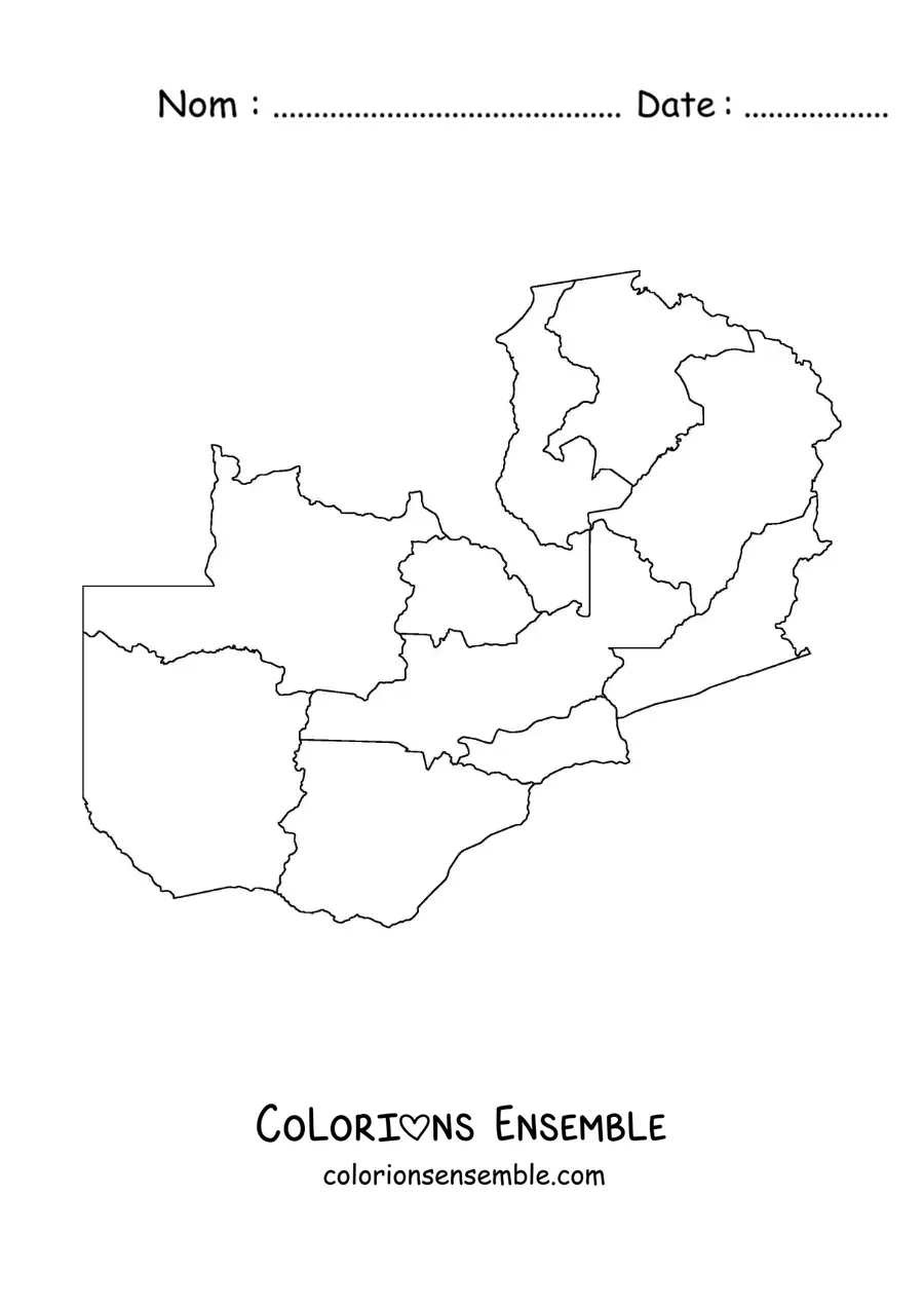 Image à colorier d'une carte politique de la Zambie
