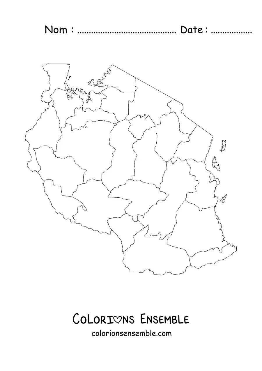 Image à colorier d'une carte politique de la Tanzanie