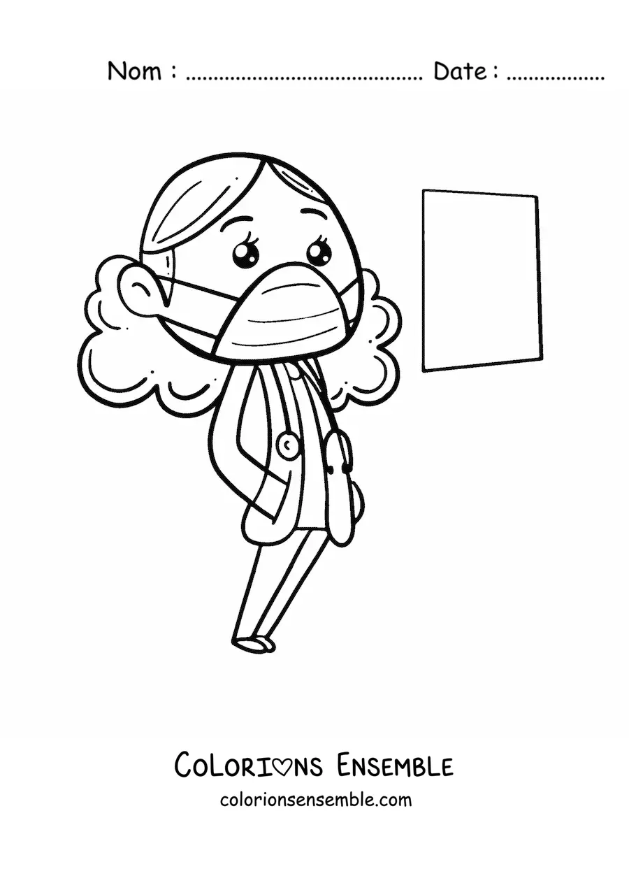 Image à colorier d’une femme médecin kawaii avec une blouse et un masque