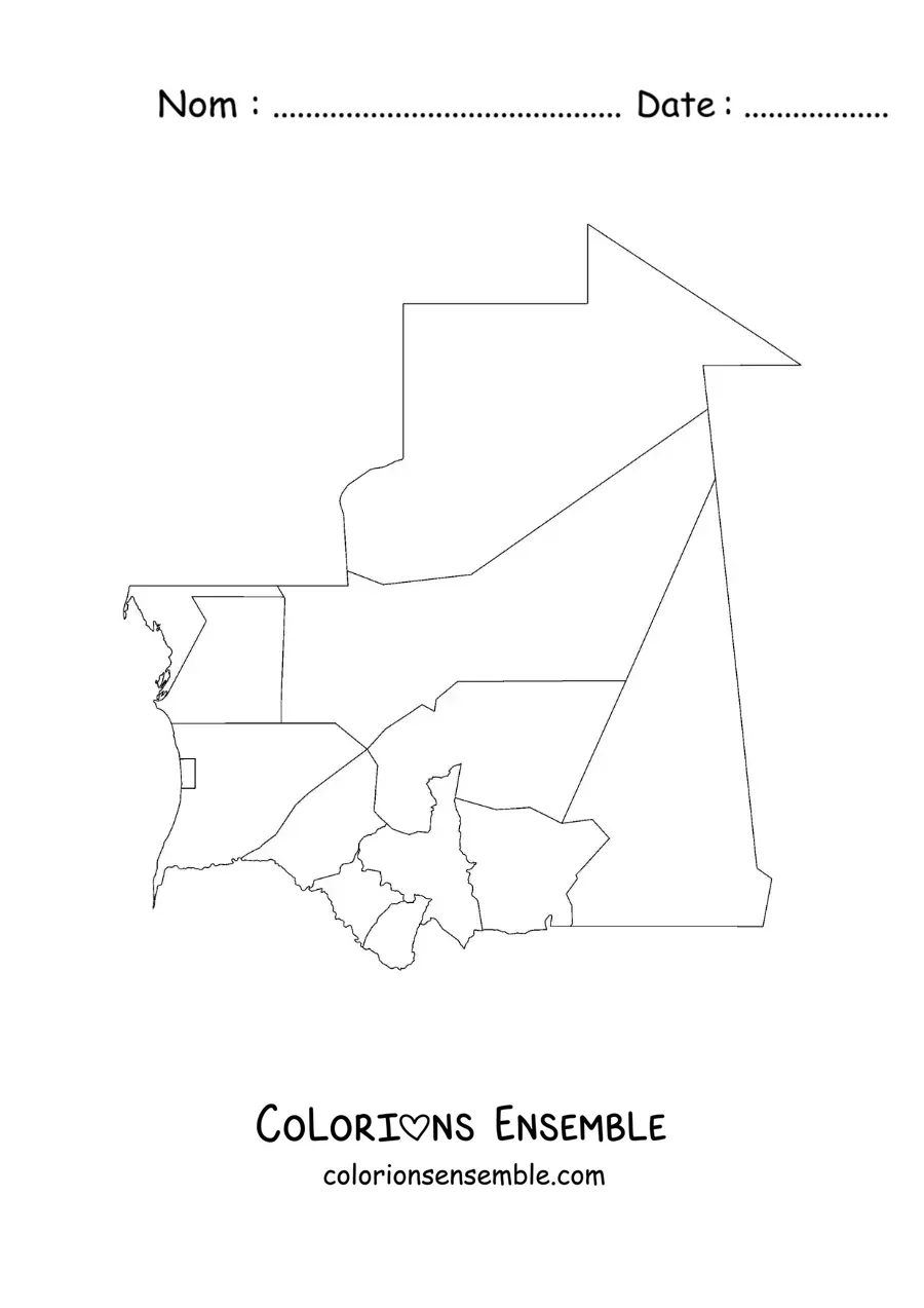 Image à colorier d'une carte politique de la Mauritanie