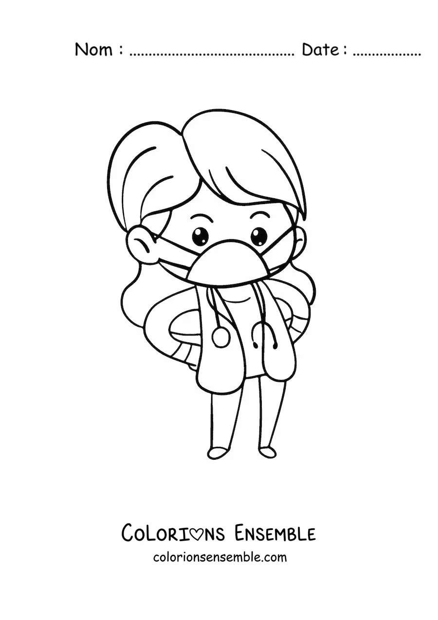Image à colorier d’une femme médecin kawaii avec un masque et un stéthoscope