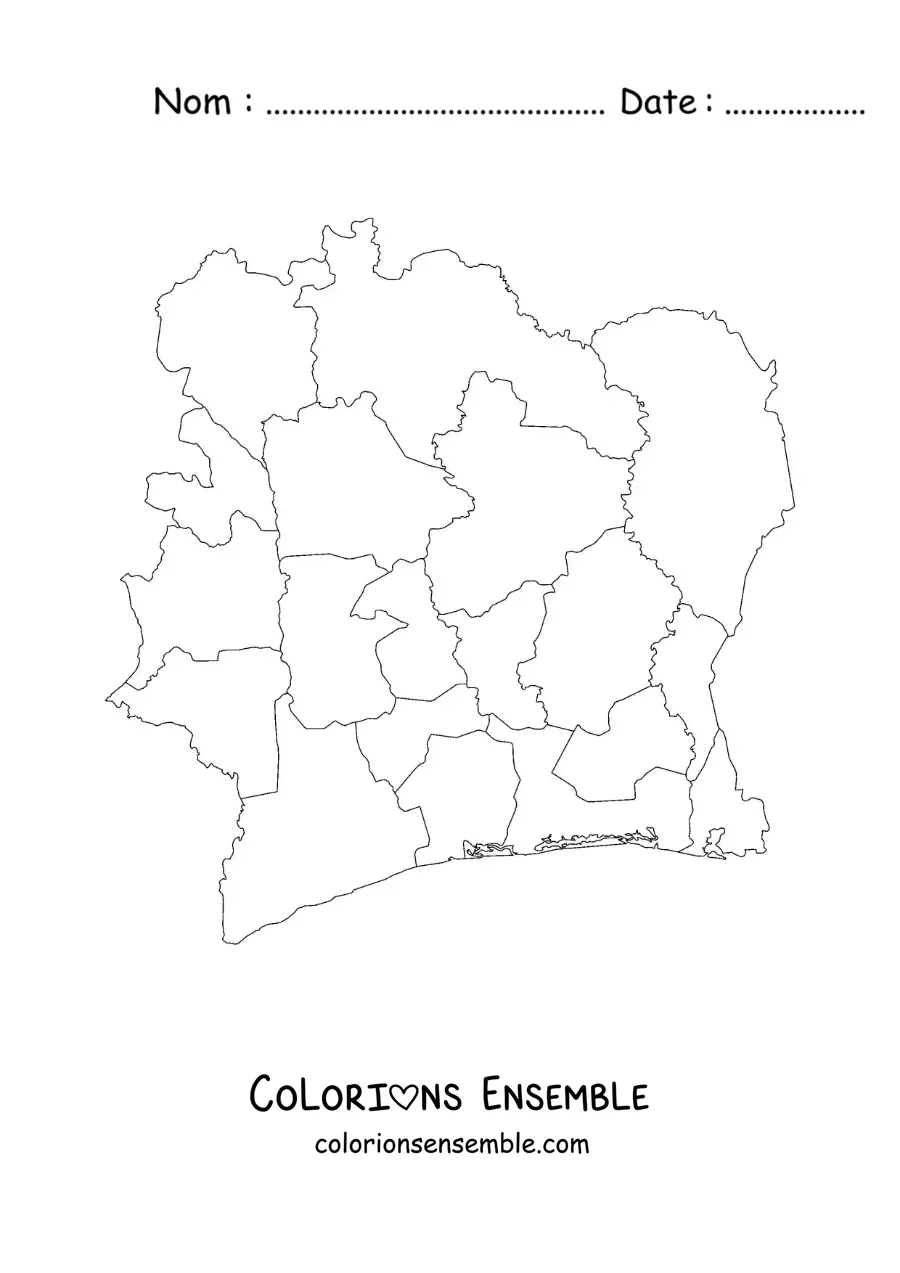 Image à colorier d'une carte politique de la Côte d'Ivoire