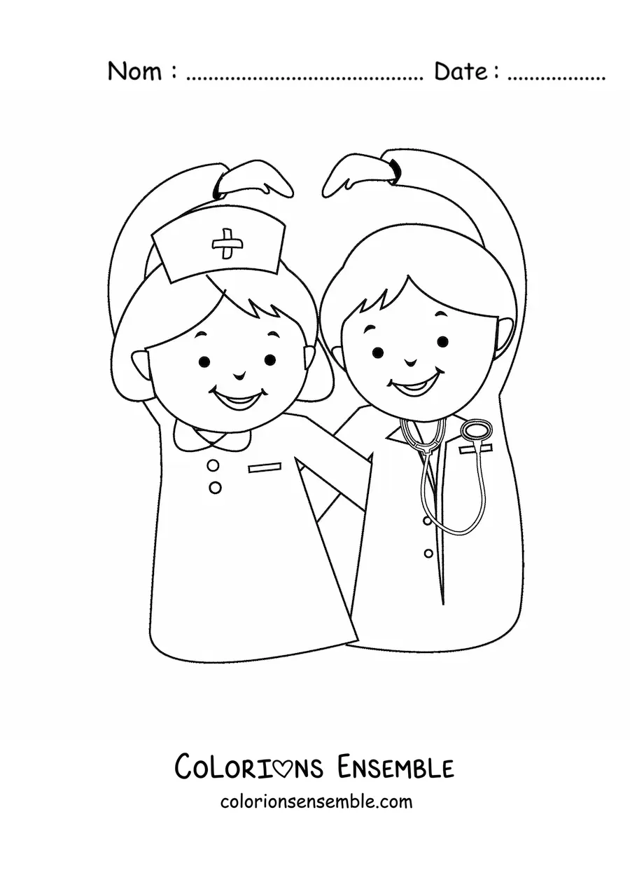 Image à colorier d’un médecin et d’une infirmière