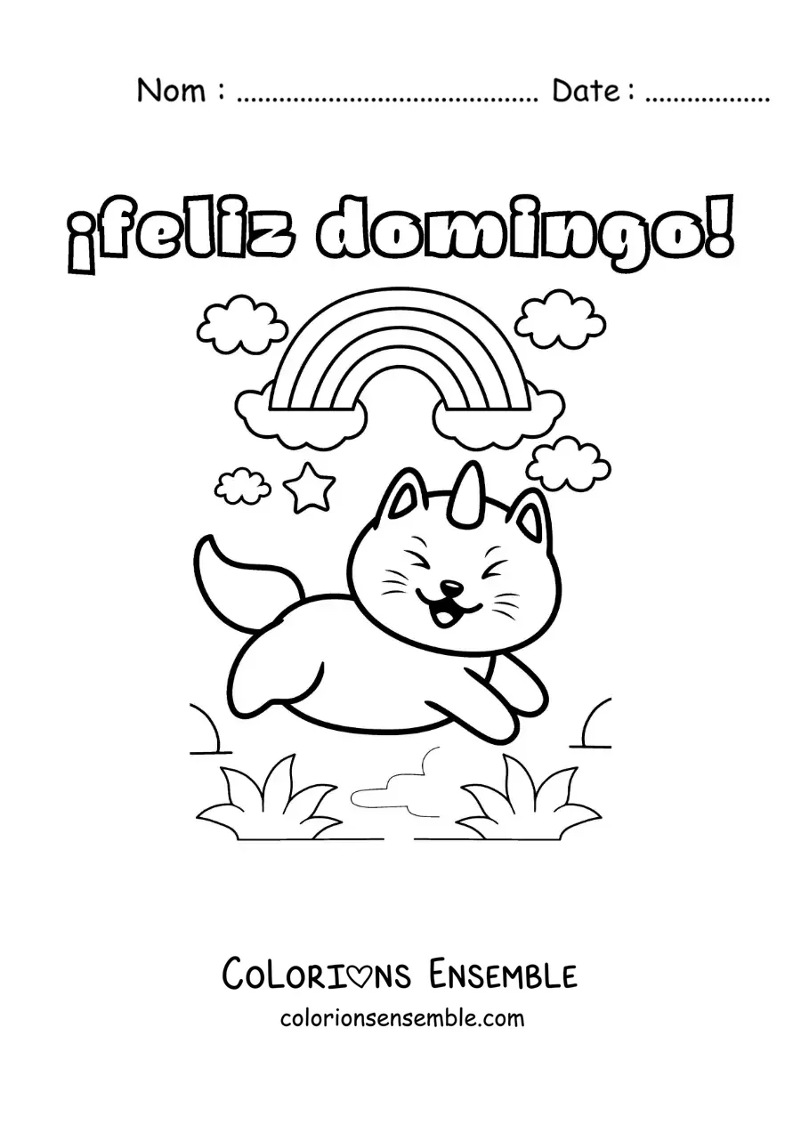 Image à colorier de bon dimanche avec un chat licorne kawaii animé et un arc-en-ciel