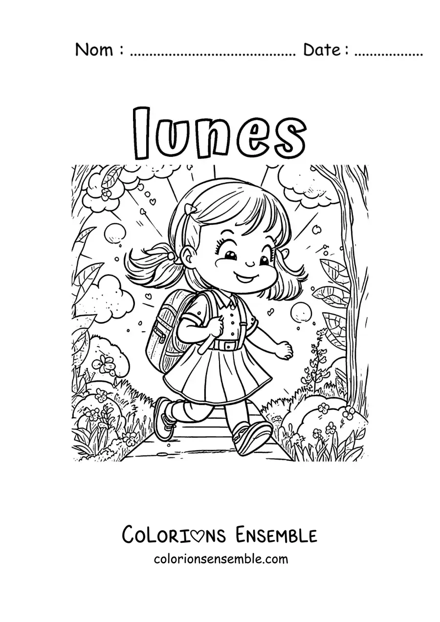 Image à colorier du lundi avec une fille qui marche vers l'école