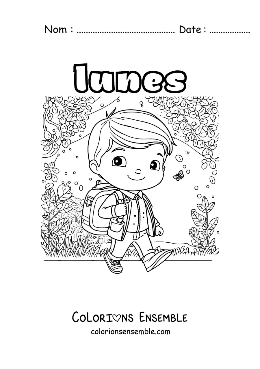 Image à colorier du lundi avec un garçon qui marche vers l'école