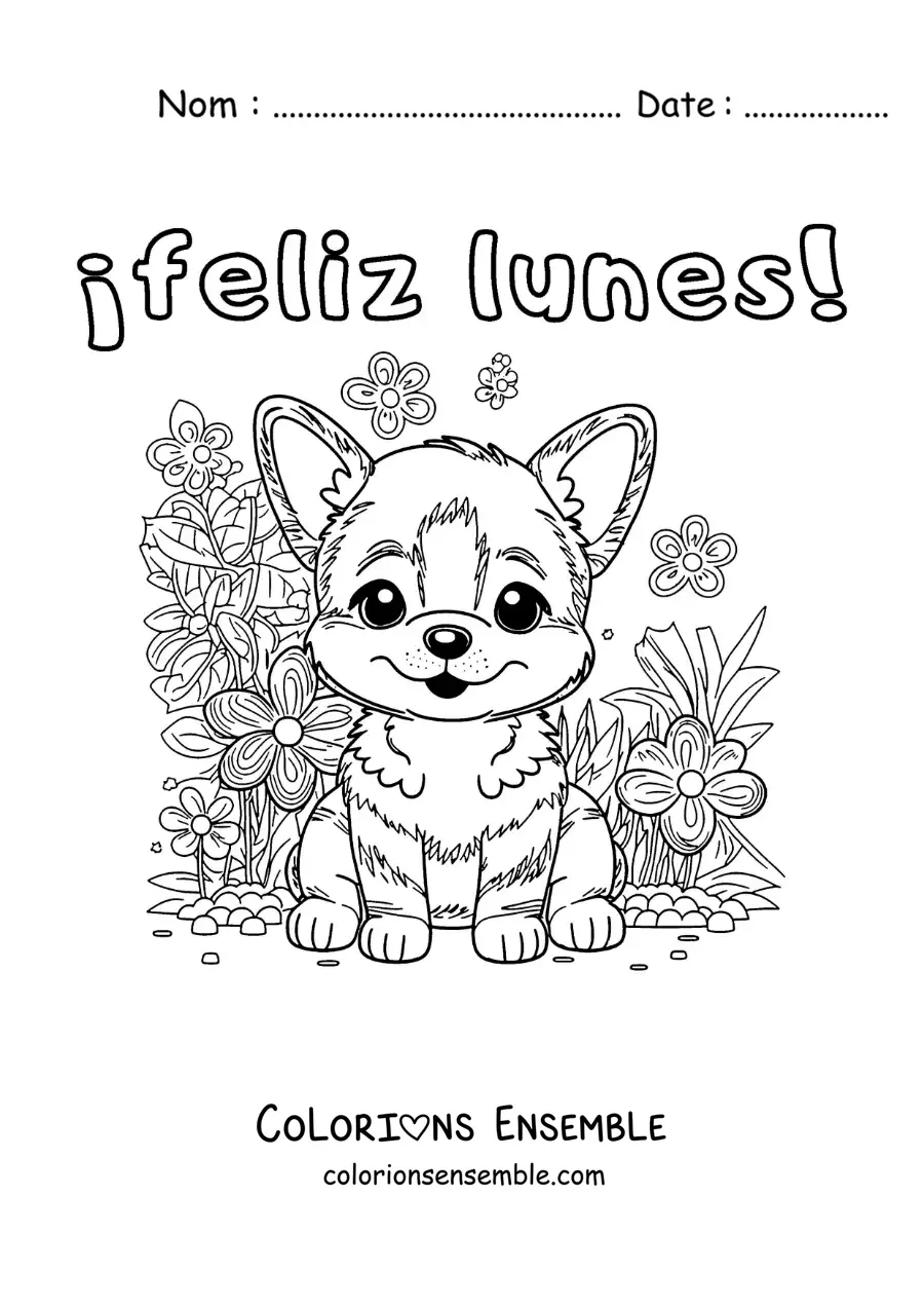Image à colorier de bon lundi avec un chien kawaii animé entouré de fleurs
