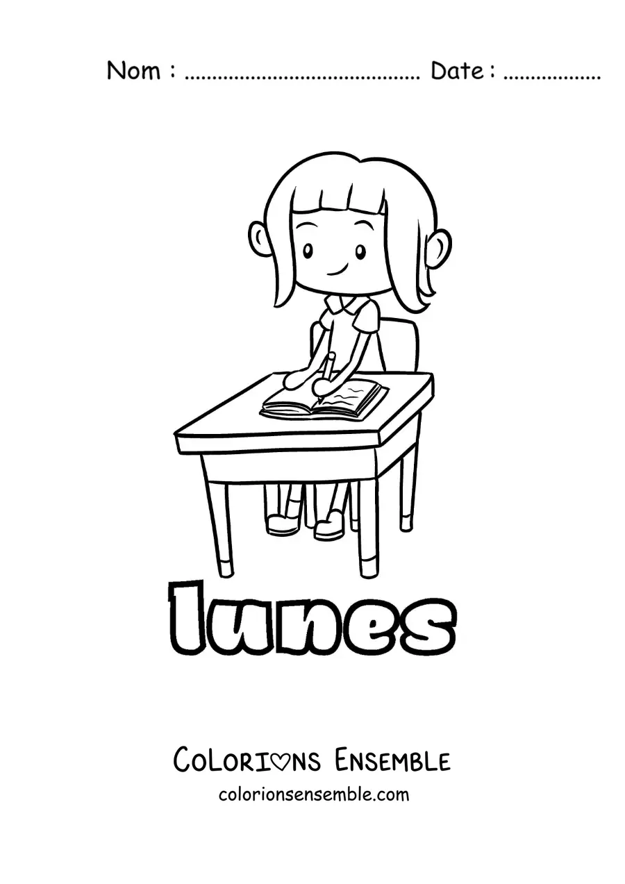 Image à colorier du lundi avec une fille qui étudie à l'école