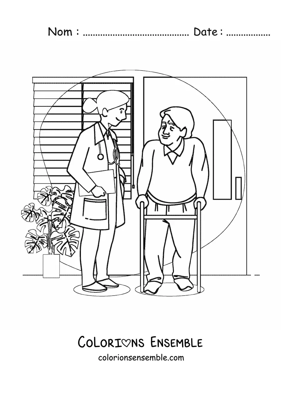Image à colorier d’une médecin parlant avec un patient âgé dans un cabinet