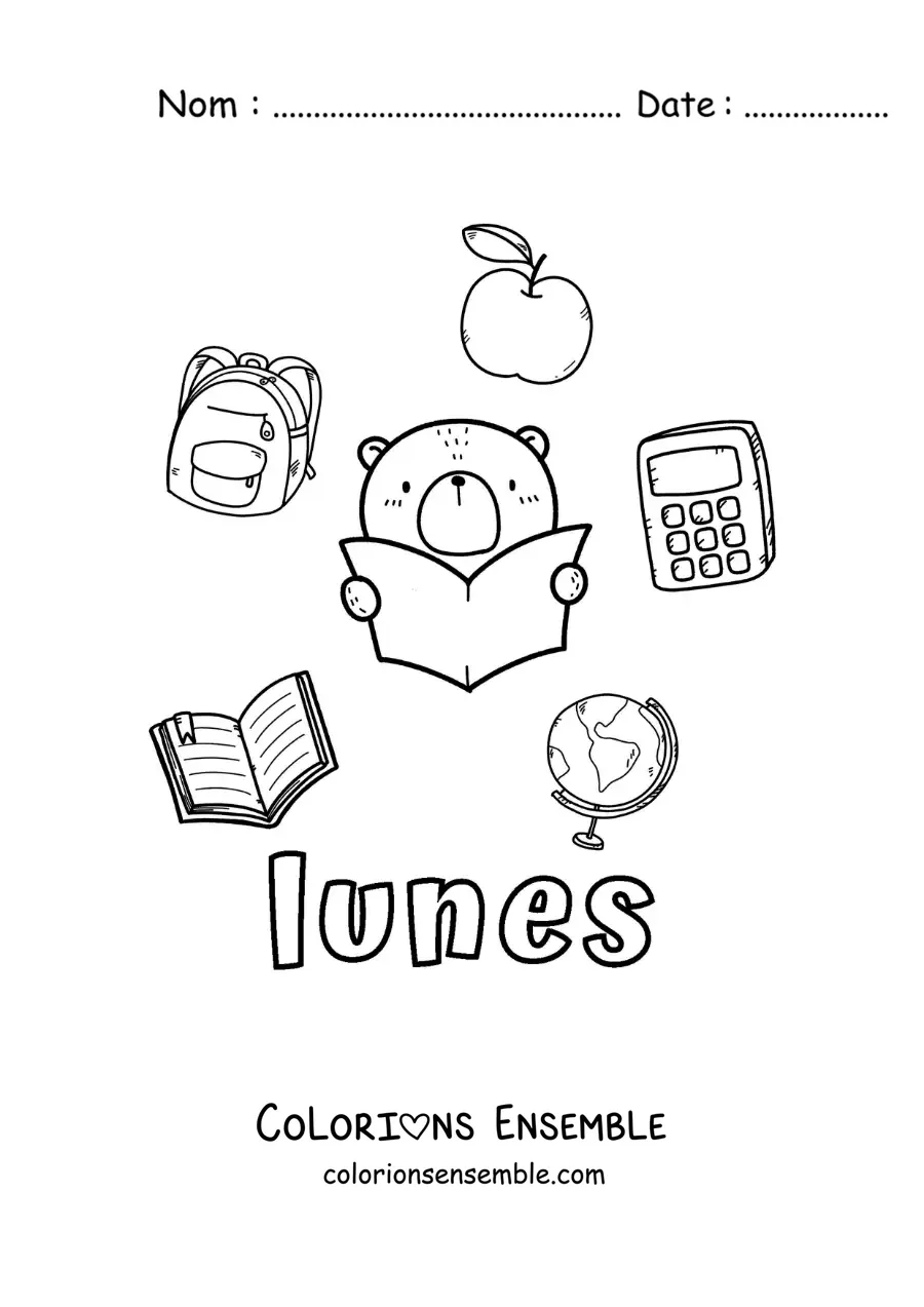 Image à colorier du lundi avec des fournitures scolaires et un ours animé qui étudie