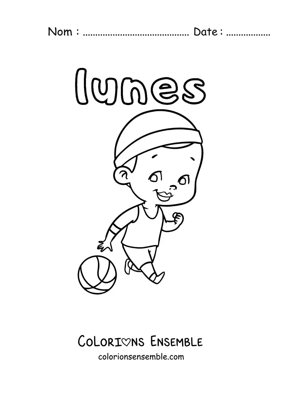 Image à colorier du lundi avec un garçon qui joue au basket