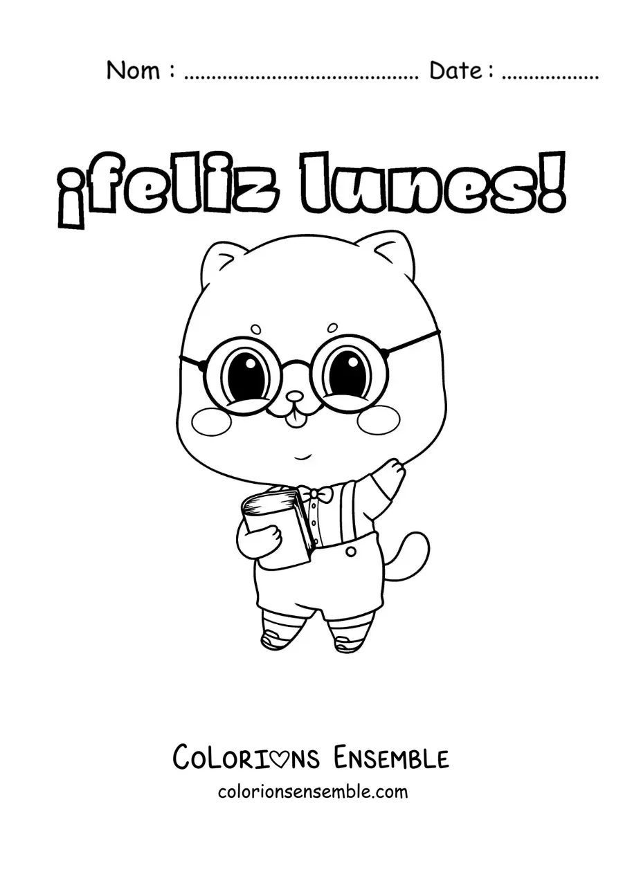 Image à colorier de bon lundi avec un chat studieux kawaii animé