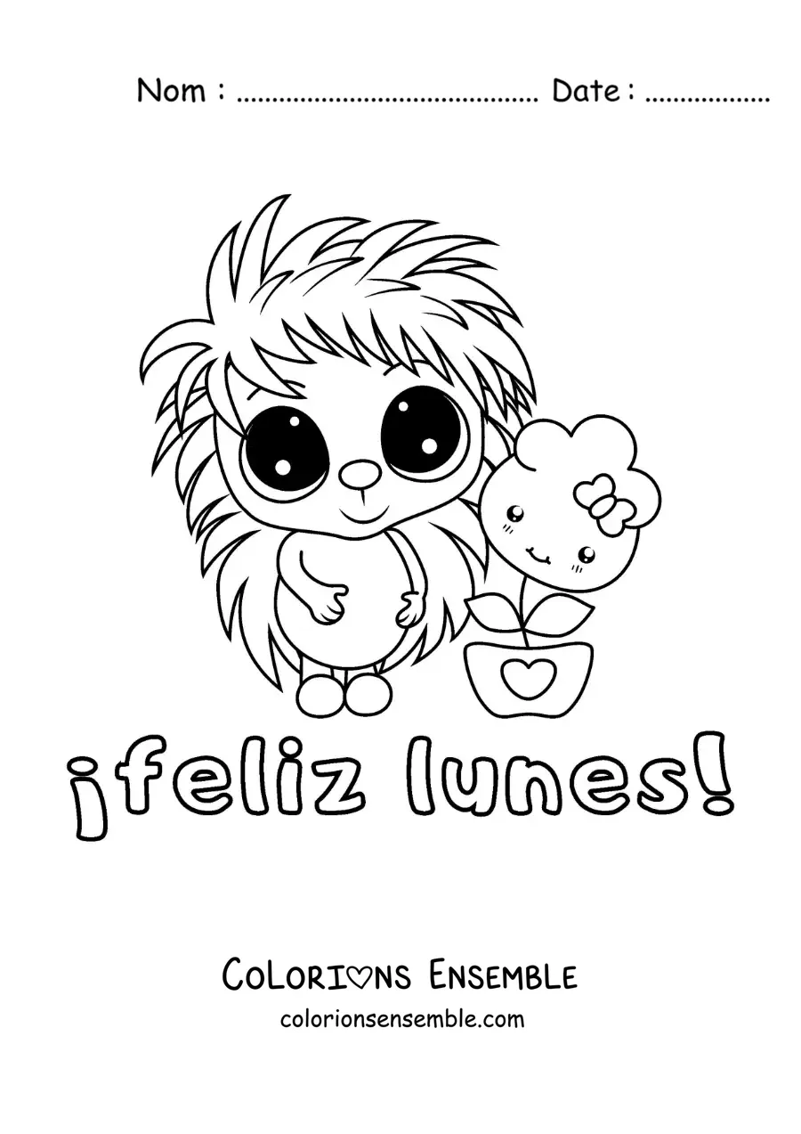 Image à colorier de bon lundi avec un porc-épic adorable animé