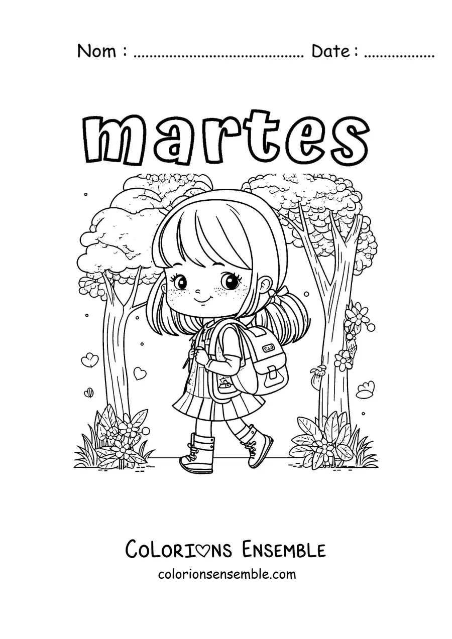 Image à colorier du mardi avec une fille en route pour l'école