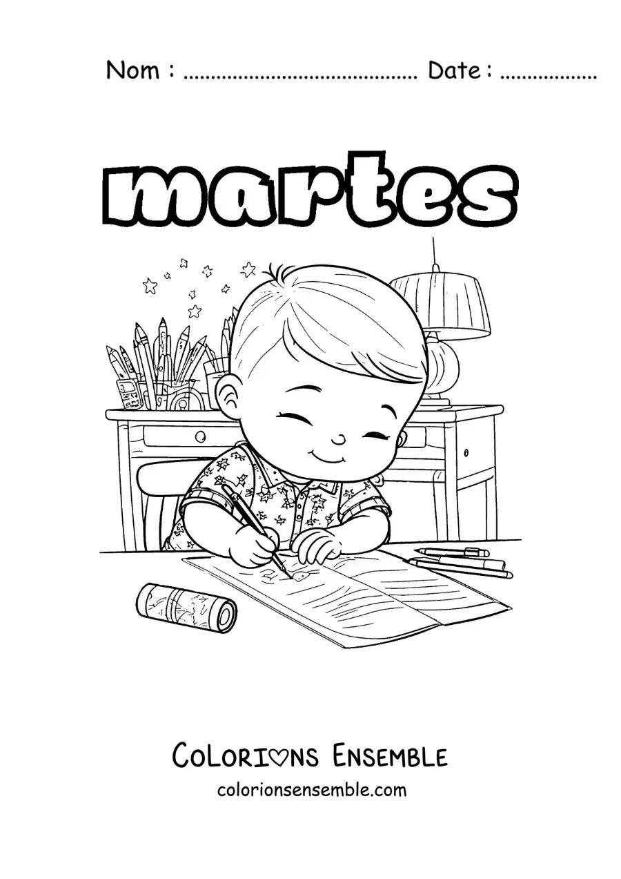 Image à colorier du mardi avec un garçon qui fait ses devoirs